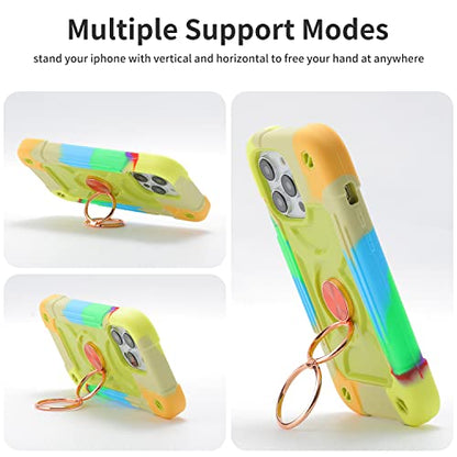 MARKILL Compatible with iPhone 14 Pro Case 6.1 Inch with Built-in Ring Stand, Military Grade Drop Protection Full Body Rugged Heavy Duty Case 3 in 1 Protective Durable Cover - color: Rainbow Green, size: iPhone 14 Pro 6.1"