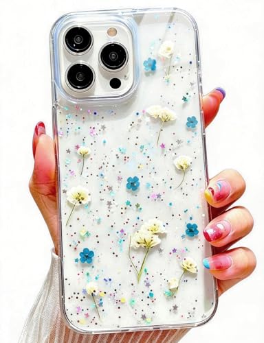 IAIYOXI for iPhone 11 Pro Max Clear Case with Pressed Real Flowers Design - Glitter Cute White Floral Pattern, Slim Soft TPU Protective Phone Cover for Women and Girls (Cyan) - color: Cyan, size: iPhone 11 Pro Max