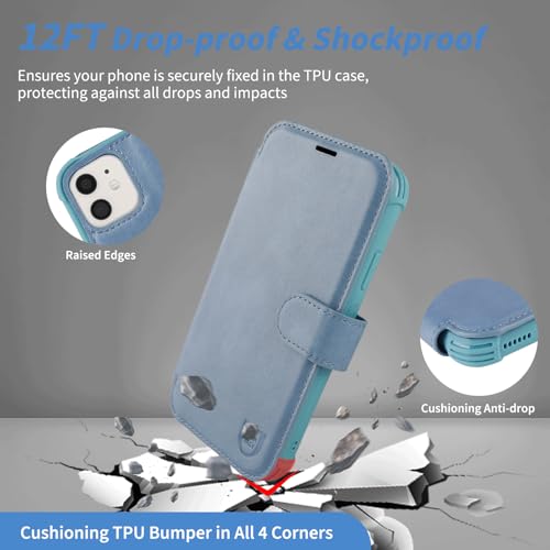 VANAVAGY Wallet Case for iPhone 11 6.1 inch, Blue | 12ft Drop-proof Cover for Women Men, Silm PU Leather, RFID Blocking Card Holder, Wrist Strap, Screen Protector - color: Blue