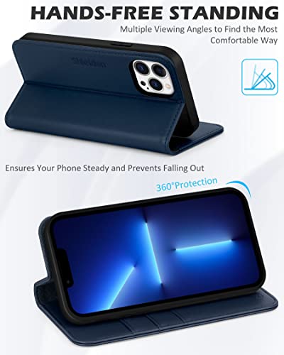 SHIELDON Genuine Leather Case Wallet for iPhone 13 Pro 6.1" 2021, Navy Blue | Magnetic Closure, RFID Blocking, Credit Card Slot, Kickstand, Flip Book Design, Shockproof Phone Cover - color: Navy Blue