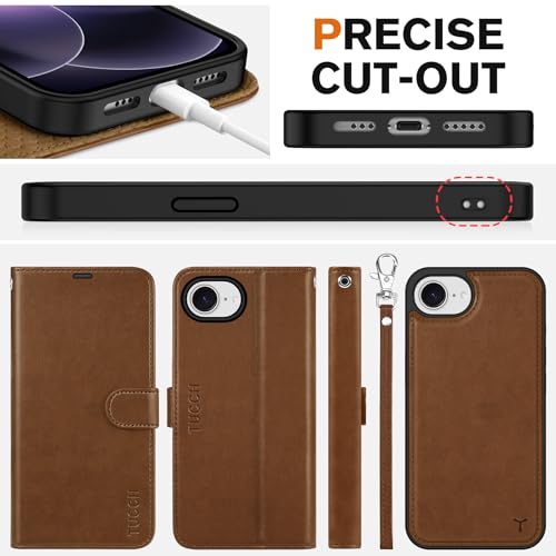 TUCCH 2-in-1 Detachable Wallet Case for iPhone 17e/16e (6.1"), Brown | 4 Card Holders, RFID Blocking, Wireless Charging, Kickstand, Wrist Strap, Shockproof TPU, PU Leather, Magnetic, Folio Cover - color: Brown