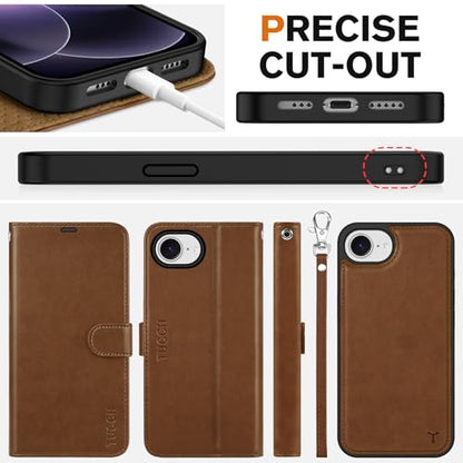 TUCCH 2-in-1 Detachable Wallet Case for iPhone 17e/16e (6.1"), Brown | 4 Card Holders, RFID Blocking, Wireless Charging, Kickstand, Wrist Strap, Shockproof TPU, PU Leather, Magnetic, Folio Cover - color: Brown