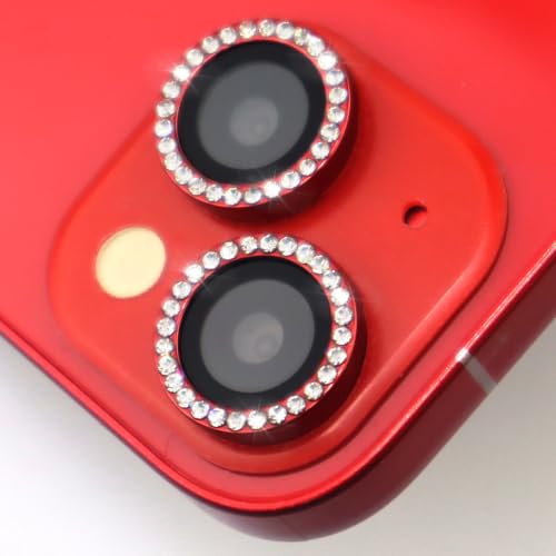 Camera Lens Protector for iPhone 15/15 Plus/14/14 Plus Bling Diamond Metal Ring Rhinestone Tempered Glass Lens Cover Accessories (Red) - color: Red