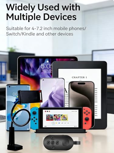 Phone Holder for Bed Laying Down with Remote Page Turner, Bedside Gooseneck Phone Stand with Clicker for Reading, Flexible Mount with Wireless Scrolling Ring for iPhone/Tiktok/Short Video