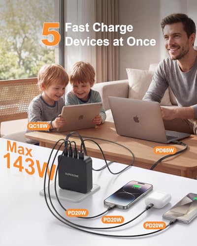 SUPERONE 65W Retractable Phone Charger, USB C Fast Laptop Charger, 5 in 1 - color: Jet Black
