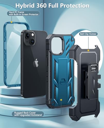 FNTCASE for iPhone 15 Case with Belt Clip and Built-in Screen Protector | Rugged Kickstand, 20FT Military-Grade Drop Protection, Full Body Heavy Duty Shockproof Holster, Hard Protective Cover - color: Blue