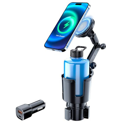 This Hill for Magnetic Cup Holder Charger, 360° Rotating Wireless Magnetic Car Charger, Fast Charging Phone Holder for iPhone 17 16 15 14 13 12 and Samsung Galaxy S20 Above Series [With QC 3.0 Adapter