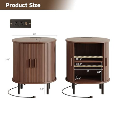 Oval End Table with Charging Station & Sliding Door (1, Walnut) - color: Walnut