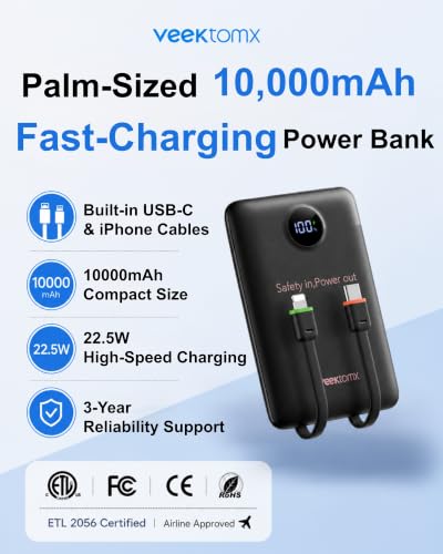 VEEKTOMX Portable Charger with Built-in Cables, 10000mAh Slim Power Bank - color: Black