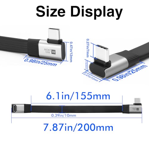Duttek 80G Short USB C to USB C Cable 90 Degree 7.87inch, 240W/8K@60Hz Right Angle USB C Male to Male Flexible Flat Cable for Steam Deck, Laptop, Car, Gaming Setup - style: Side Angle to Vertical Angle 90 Degree USB C Cable
