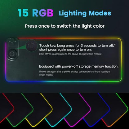 3 in 1 Mouse Pad with Wireless Charging, 31.5"x11.8" Mouse Pad RGB with Magnetic Wireless Charging,15 Light Modes,Non-Slip Base,Waterproof Keyboard Pad, Black