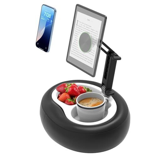 Magnetic Cell Phone Leather Pillow Stand, 【Stain-Resistant】 Kindle Pillow Holder with 2 Snack Bowl, Adjustable Smartphone Holder for Lap/Bed/Sofa, Fit 4-7" iPhone, Kindle, E-Reader, iPad mini