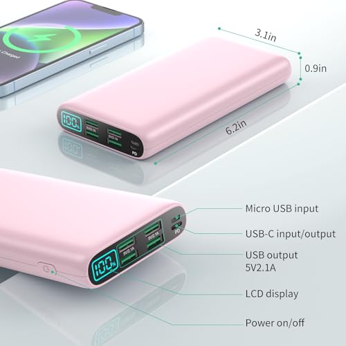 Portable Charger 38800mAh,LCD Display Power Bank,5 USB Outputs Battery Pack Backup, USB-C 3A in&out Travel Essential Portable Phone Charger For iPhone 18 Pro Max/17/16/15,Android Samsung Galaxy-Pink - color: Pink