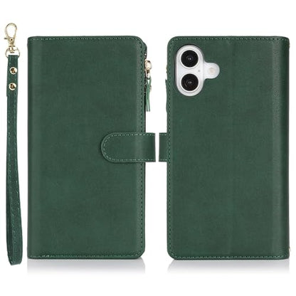 Wallet Case Compatible with iPhone 17 with Wrist Strap,2025 Release Purse for Women Men,[9 Card Slots] Card Holder Zipper Cash Pocket Magnetic Leather Cover,6.3 inch Dark Green - color: Dark Green, size: iPhone 17