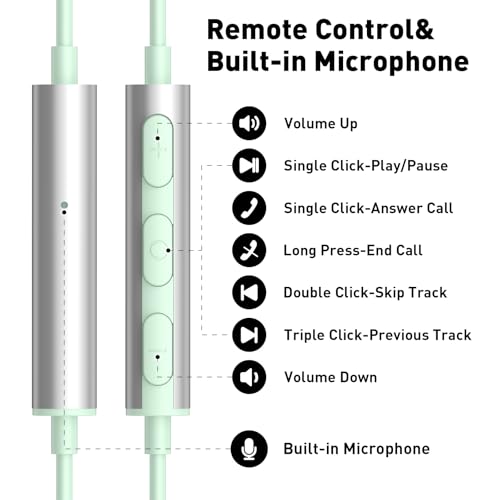 USB C Headphones Magnetic Wired Earbuds with Mic for Apple/Samsung Android - color: Mint Green