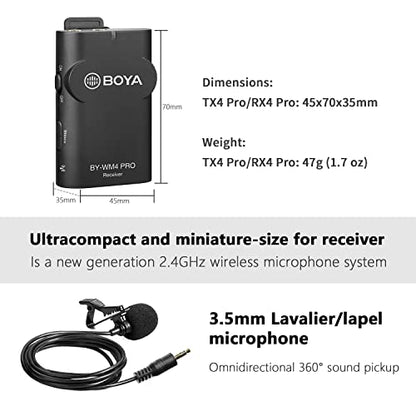 BOYA 2.4GHz Wireless Lavalier Lapel Microphone System for iPhone/iPad Dual Clip On Cordless Lav Mic for Vlog Video Recording YouTube with Lightning Connector Receiver and Transmitter BY-WM4 PRO-K4