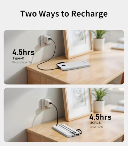 Portable Charger, Power Bank Built-in 4 Cables, Travel Essential - color: White