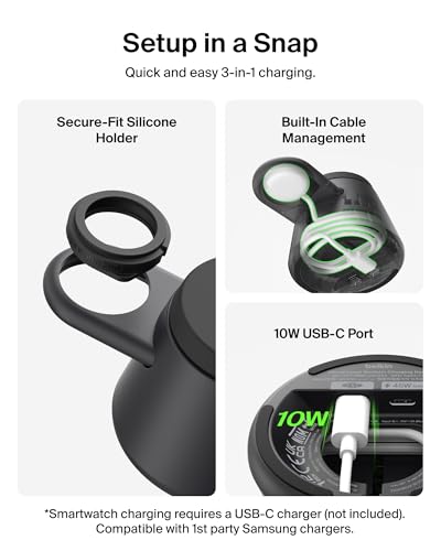Belkin Qi2.2 25W Magnetic Wireless Charging Station, 3 in 1 Samsung Charger - color: Black