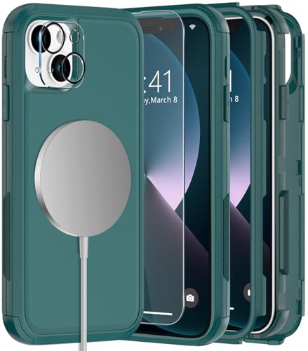 Diverbox for iPhone 13 Phone Case,iPhone 13 Magnetic Case [with Screen Protector & Camera Lens Protector ] Heavy Duty Phone Case for iPhone 13 (Magnetic Dark Green) - color: Magnetic Dark Green