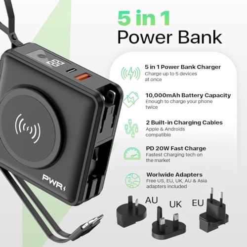 PWRMobile PWR Travel PRO 5-in-1 Power Bank with Case Included– 10,000mAh with Built-in Cables – 20W USB-C + 15W Wireless Charging – Compact Portable Charger for iPhone & Android- Black - color: Black with Gray Case