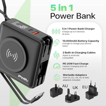 PWRMobile PWR Travel PRO 5-in-1 Power Bank with Case Included– 10,000mAh with Built-in Cables – 20W USB-C + 15W Wireless Charging – Compact Portable Charger for iPhone & Android- Black - color: Black with Gray Case