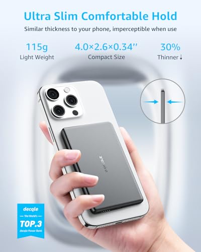 “Air” Power Bank for MagSafe 5000mAh Ultra Slim Battery Charger Case | Magnetic Wireless Portable Battery Charger Case with USB-C Cable, Compatible with iPhone 17/16/15/14/13/12 Series Only (Grey) - color: Gray
