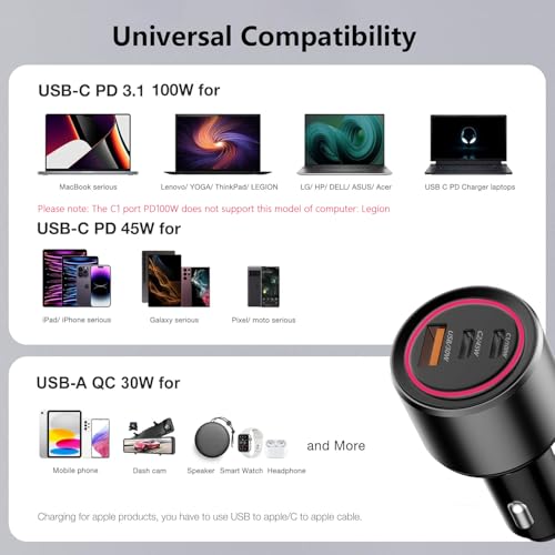 Bywulanda 175W USB C Car Charger, 3-Port Fast Car Charger for iPhone