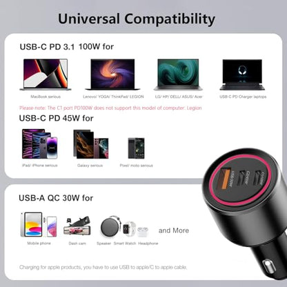 Bywulanda 175W USB C Car Charger, 3-Port Fast Car Charger for iPhone