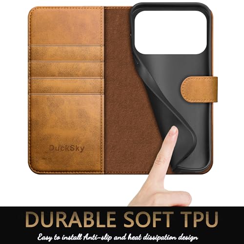DuckSky Compatible with iPhone 17 Pro Max 6.9" Genuine Leather Wallet case【RFID Blocking】【4 Credit Card Holder】【Real Leather】 Flip Phone case Cover Women Men for Apple 17 Pro Max case Khaki - color: Khaki