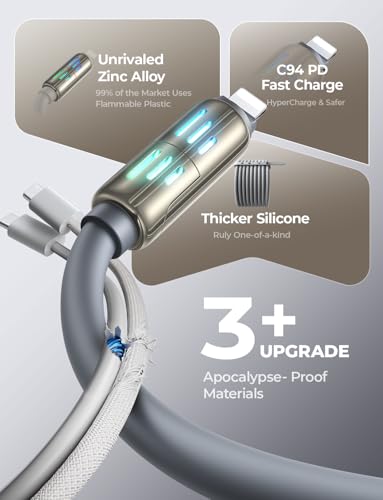 LISEN USB C to Lightning Cable, Chubby 240W 4 in 1 Charging Cable 6.6FT - color: Grey, size: 6.6FT