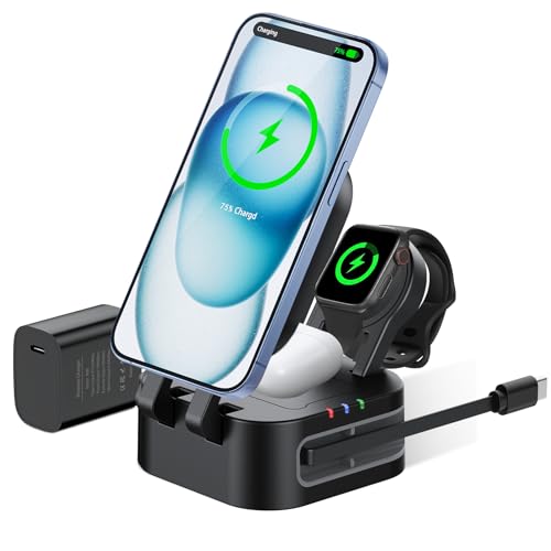 3 in 1 Charging Station Fast Charging, Magnetic Foldable Wireless Charger, Compatible for iPhone 17 16 15 14 13 12 Pro Max, Apple Watch, Airpods 4 3 2 Pro