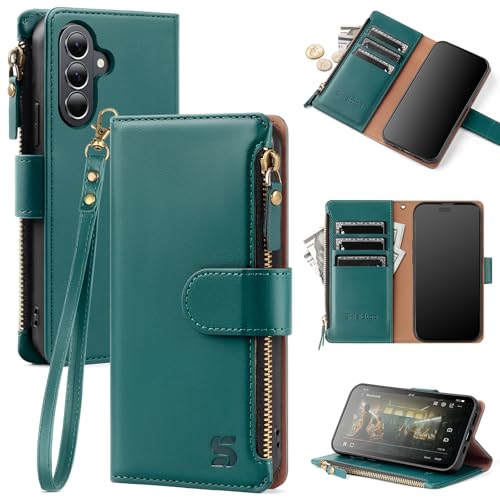Shieldtop Compatible with Samsung Galaxy A37 5G Wallet Case with Card Holder,PU Leather Phone Case Flip Protective Cover Wrist Strap Zipper Credit Card Slots RFID Blocking Women Men,Bluegreen - color: Blue Green