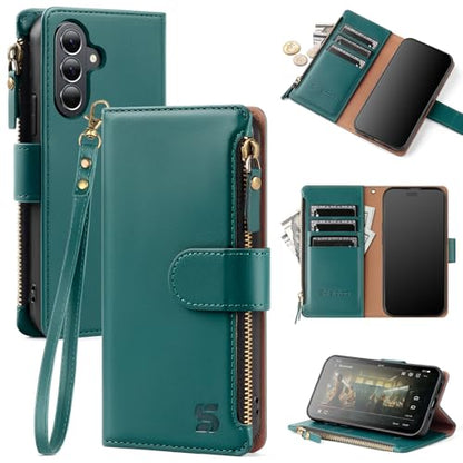Shieldtop Compatible with Samsung Galaxy A37 5G Wallet Case with Card Holder,PU Leather Phone Case Flip Protective Cover Wrist Strap Zipper Credit Card Slots RFID Blocking Women Men,Bluegreen - color: Blue Green