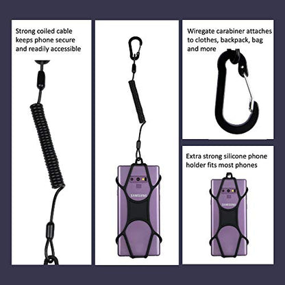 Rugged Phone Lanyard with Coiled Strap and Carabiner – Anti-Theft Cell Phone Tether for Hiking, Travel, Outdoor Use – Universal Phone Strap with Tether Tab, No Adhesive Needed