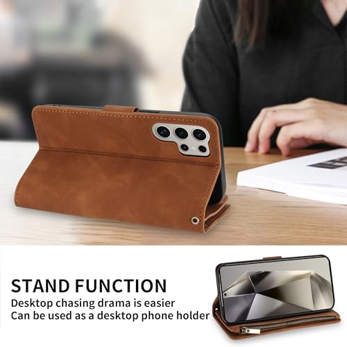 ZZXX Samsung Galaxy S24 Ultra 6.8 inch PU Leather Wallet Case with RFID Blocking, Card Slot, Kickstand (Brown) - color: Brown, size: Samsung Galaxy S24 Ultra