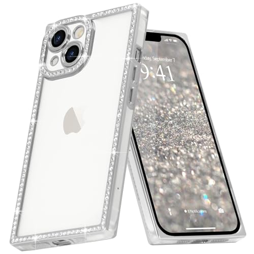 Clear Glitter Phone Case for iPhone 13 Luxury Bling Diamond | Sparkly Rhinestones Soft TPU Plating Rectangle Edge Camera Protection Transparent Shockproof Cover for Women Girls, Silver - color: Silver, size: iPhone 13