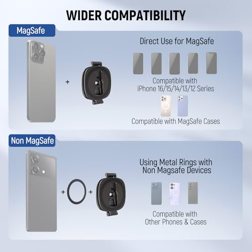 NEEWER PA095 Dual Magnetic Ring Holder for Phone, Slim Folding Magnetic Mobile Phone Holder with 1/4" Screw for Tripod Compatible with MagSafe iPhone Samsung Huawei Android for Video, PA095