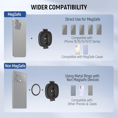NEEWER PA095 Dual Magnetic Ring Holder for Phone, Slim Folding Magnetic Mobile Phone Holder with 1/4" Screw for Tripod Compatible with MagSafe iPhone Samsung Huawei Android for Video, PA095