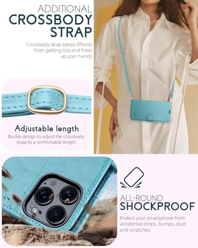 OCASE for iPhone 16 Pro Wallet Case, PU Leather Crossbody Phone Case with Removable Shoulder Strap, Kickstand, RFID Blocking Card Slots, Flip Folio Phone Cover 6.3 Inch 2024, Ice Blue - color: Ice Blue, size: iPhone 16 Pro