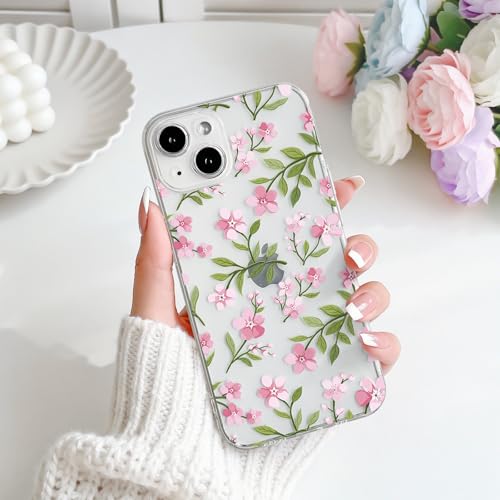 NITITOP Compatible with iPhone 15 Pro Case Clear Cute Flower - Pink | Branch, Floral, Precision camera cutouts, For girl woman, Slim fit, Soft TPU, Shockproof - color: Pink