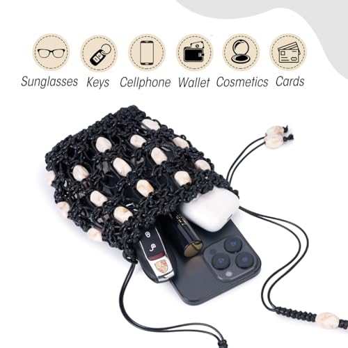 Boho Beaded Small Crossbody Bag for Women, Lightweight Crochet Cell Phone Purse with Adjustable Strap Crossbody Phone Purse - color: Black