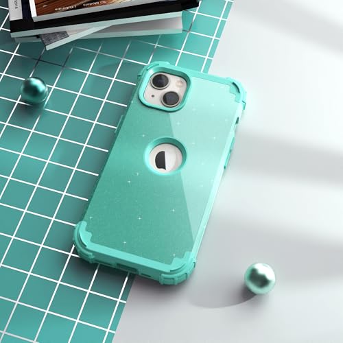 IDweel for iPhone 15 Case with Screen Protector,Luxury 3 in 1 Shockproof Slim Fit Hybrid Heavy Duty Protection Glitter Hard PC Cover Soft Silicone Bumper Full Body Case,Glitter Cyan - color: Glitter Cyan