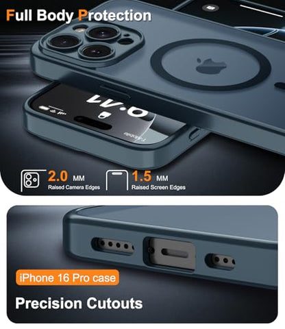 Magnetic Case for iPhone 16 Pro Case with Screen Protector+Wrist Strap | Compatible with MagSafe,Full Camera Protection,Slim Translucent Matte Phone Cover,Navy Blue - color: Navy Blue