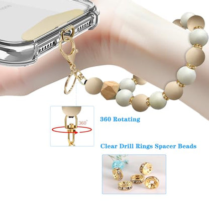 Silicone Beaded Phone Wrist Strap, Phone Bracelet Strap with Tether Tab Elastic Hands Free Wristlet Strap - color: Beige White