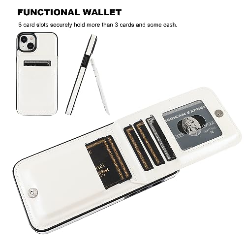 KIHUWEY for iPhone 15 Plus Wallet Case Card Holder Kickstand, White | Credit Card Slots, PU Leather, Magnetic Clasp, Flip Heavy Duty Protection Cover for Men and Women - color: White