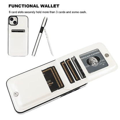 KIHUWEY for iPhone 15 Plus Wallet Case Card Holder Kickstand, White | Credit Card Slots, PU Leather, Magnetic Clasp, Flip Heavy Duty Protection Cover for Men and Women - color: White