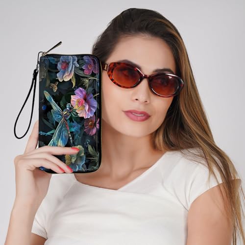 Ladies Wallet,Clutch Purses for Women Wallets Leather Credit Card Holder for Women Wristlet Slim Small Cute with Zipper,Thin RFID Blocking with Wrist Strap,Art Cute Dragonfly - color: Art Cute Dragonfly
