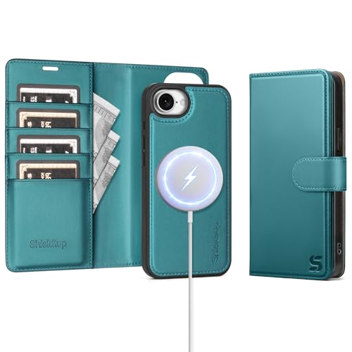 Shieldtop Compatible with MagSafe iPhone 17e / 16e Wallet Case,Blue Green | 2 in 1 Detachable Magnetic,Credit Card Holder Slots,RFID Blocking,PU Leather,Kickstand,Flip Folio Phone Cover for Men & Women - color: Blue Green