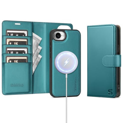 Shieldtop Compatible with MagSafe iPhone 17e / 16e Wallet Case,Blue Green | 2 in 1 Detachable Magnetic,Credit Card Holder Slots,RFID Blocking,PU Leather,Kickstand,Flip Folio Phone Cover for Men & Women - color: Blue Green