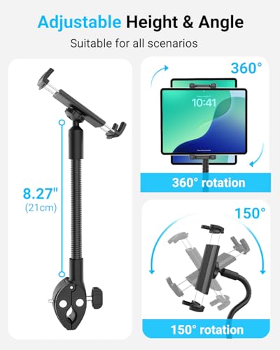 Gooseneck Tablet Holder for Treadmill and Peloton Bike Fit 4-13" iPad & Phone, Universal Clamp Mount with Flexible Arm for Spin Bike, Indoor Exercise Bicycle, Wheelchair, Stroller Handlebar